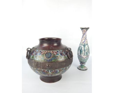 Early 20th century Chinese cloisonne vase, with three ring handles, 20cm h, together with an enamel vase (2)