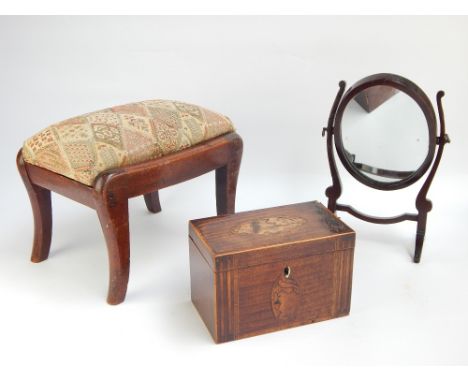 George III harewood and inlay tea caddy, of rectangular form with shell inlay and two division interior, 19cm w, together wit