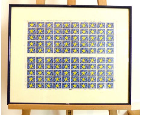 Full sheet of GB stamps, designed by David Hockney commemorating joining the European Union, decorated with single star over 