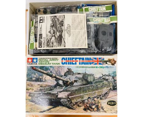 A boxed Tamiya motorise Chieftain army 46ton Medium Tank kit 1/25 scale (content inside all in sealed bags)