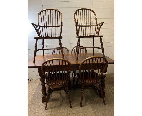 An English oak refectory table along with four stick back Windsor chairs and two elbow Windsor stick back chairs (H74cm W168c