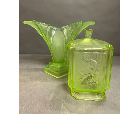 A Walther and Sohne "Greta" vase in uranium and an Art Deco uranium Sowerby green lid pandora box 