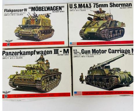 Four Boxed Bandai army tankers model kits, Panzerkampfwagen III-M, Gun Motor Carriage M12, U.SM4A3 75mm Sherman and Flakpanze