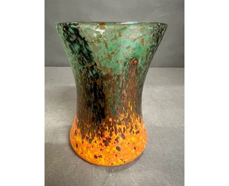 A Monart Art Deco vase, amber, yellow and green with copper adventuring C1930's (H16cm)Condition Report Hairline to base&nbsp