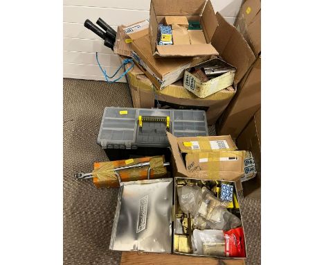 A selection of DIY tolls, work bench, toolbox with screws and nails 