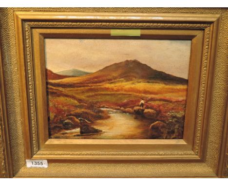(19th/20th century), an oil painting, moorland landscape, 17  x 23cm, gilt plaster framed, 33 x 39cm, and a dec print