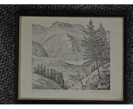 Alfred Wainwright, (1907-1991), after, a print, Bowfell from Lingmoor Fell, signed in green, 19 x 24cm, framed and glazed, 23