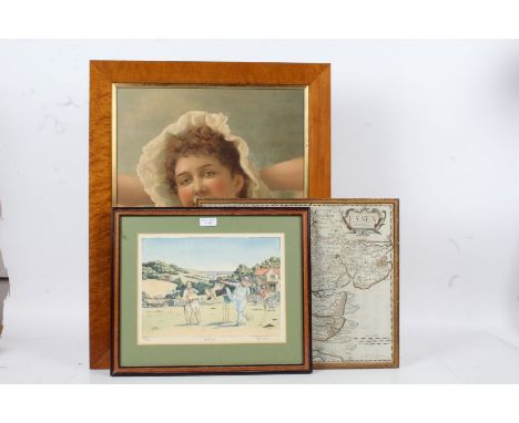 Three pictures to include a signed limited edition Bob Farndon print "No Ball" together with a portrait of a woman and a colo