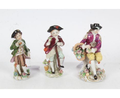 Three Sitzendorf porcelain figures in 18th century dress, one depicting a young girl with a basket of flowers, with marks to 