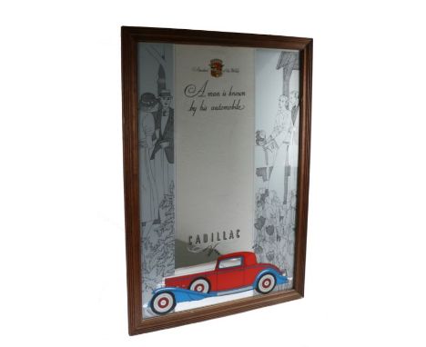 Cadillac advertising mirror, with an Art Deco design of figures and a red and blue Cadillac to the bottom, with the words 'A 
