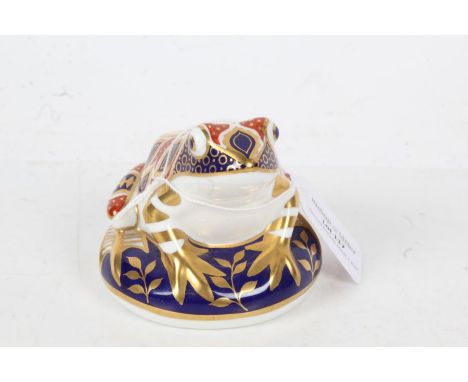 Royal Crown Derby Imari palette frog paperweight, with gold button