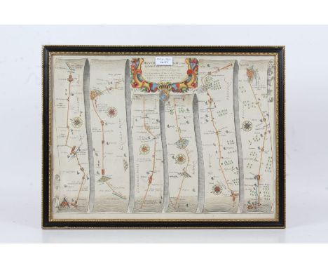 John Ogilby - The road from Huntingdon to Ipswich, engraved and hand-coloured strip map, dated 1675, housed within a gilt, eb