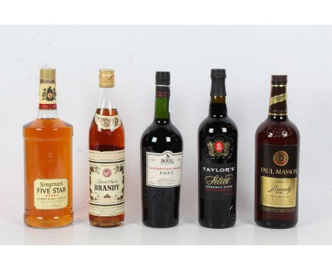 Five bottles of spirits, to include Seagram's Five Star Canadian Whisky, Loel Finest Choice Brandy, Noval Late Bottled Vintag