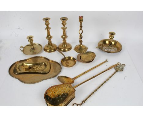 Collection of 19th century and later brass, to include a pair of candlesticks, chestnut roaster, toasting fork, candle snuffe
