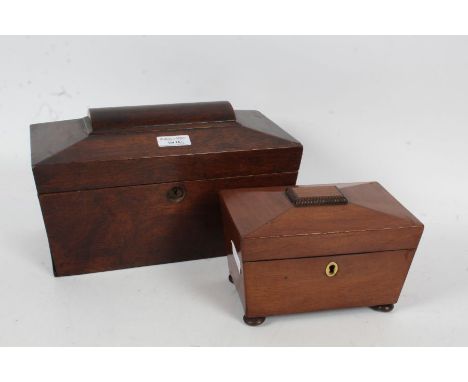 19th century rosewood sarcophagus tea caddy together with a 19th century mahogany sarcophagus tea caddy, opening to reveal tw