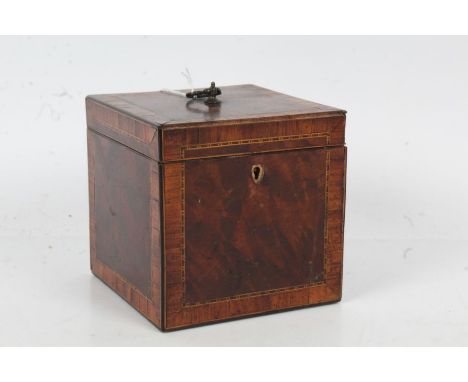 George III Tulipwood and mahogany cross banded tea caddy of cube form, the lid opening to reveal a single compartment with a 