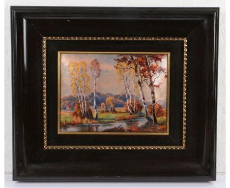 A Limoges enamel plaque depicting a Barbizon River Scene, indistinctly signed and inscribed 'Limoges' (lower right), 18 x 25c