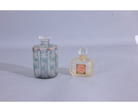- Viard, circa 1926. Isabey Bleu de Chine, glass perfume bottle and stopper, clear/frost glass, blue patina, enamel detail. -