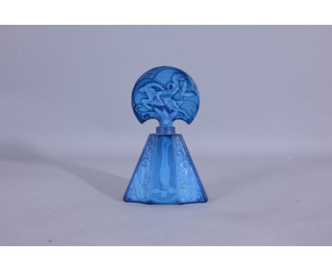 Czech Blue Opaque Glass Perfume Bottle. Blue opaque woman riding a leaping goat, she is grasping his horns. Item #382. (Czech