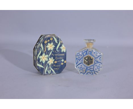 1925 Mury Le Narcisse Bleu clear glass perfume bottle and stopper, blue enamel detail, label, original box. (Misc - 1051)  Pr