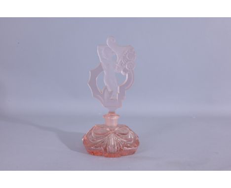 Vintage Czech Pink Crystal Perfume Bottle. Clear pink bottle with clear pink stopper , naked lady with basket of fruit. (Czec