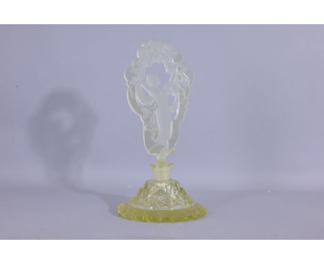 Vintage Czech Glass Perfume Bottle w/ Nude Stopper. Clear yellow base with clear top lady standing before her changing table.