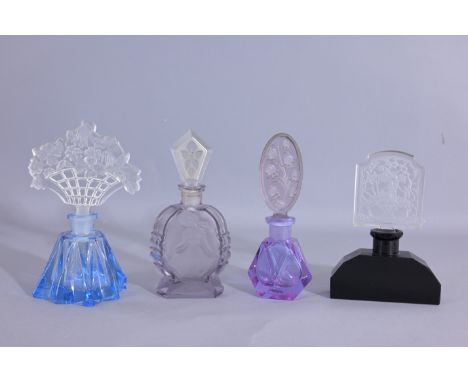 (4) Vintage Czech Glass Perfume Bottles - Blue Glass with 2 sided etched stopper- flower basket. - Clear stopper with flower 