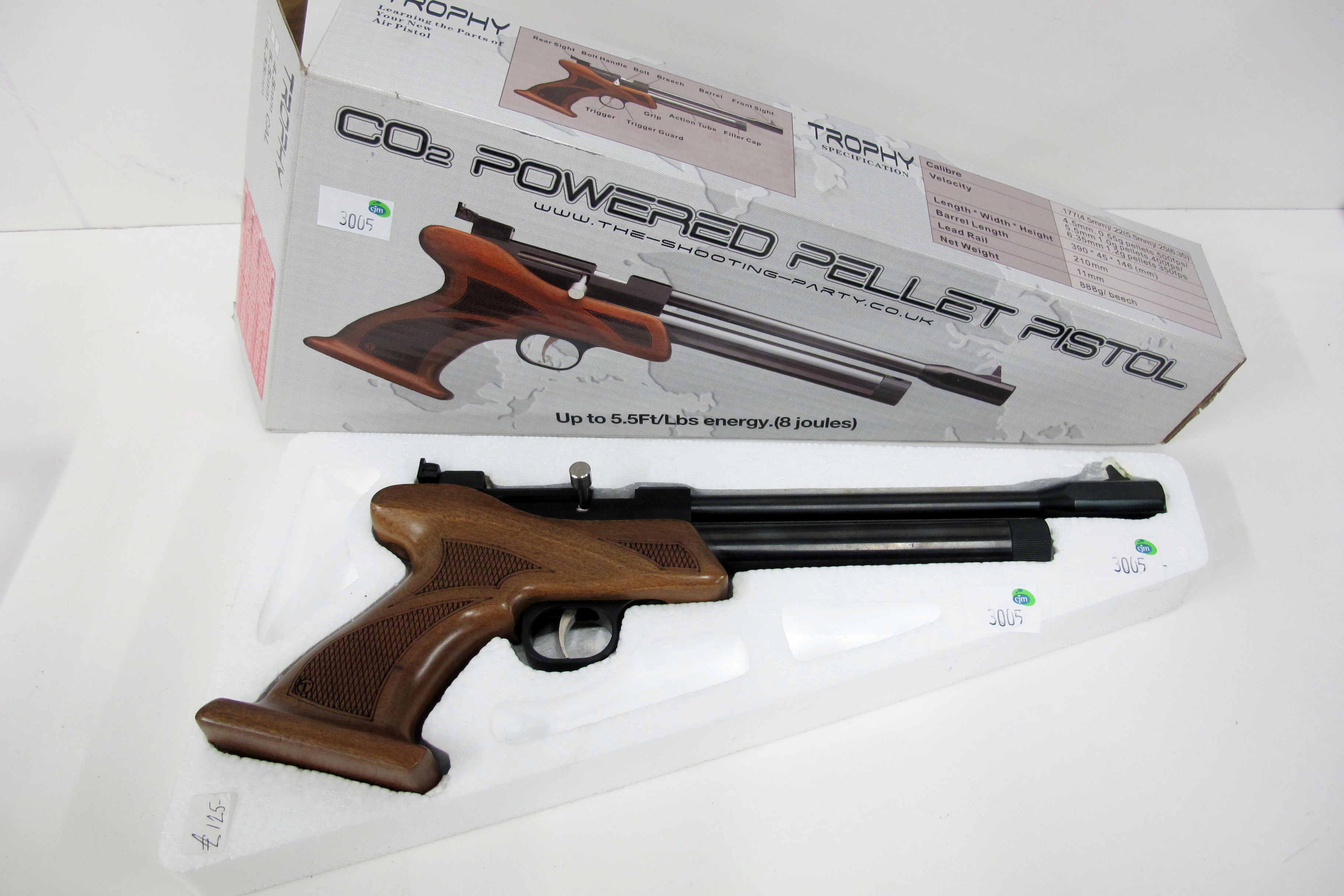 Air Force One Trophy 635 .25 CO2 powered pellet pistol, boxed & unused, This lot must be collecte Air Force One Trophy 635 .25 CO2 powered pellet pistol, boxed & unused, This lot must be collecte