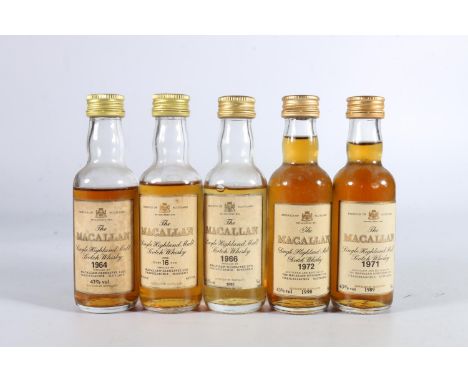 Five THE MACALLAN Highland single malt Scotch whisky miniatures to include 1964 43% abv, 1966 (bottled in 1985) 43% abv, 1971