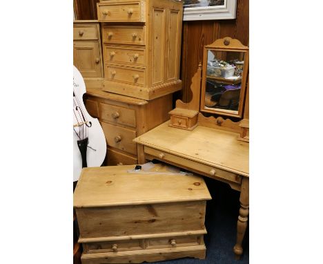 Six-piece pine harlequin bedroom suite comprising two-door wardrobe, dressing table, chest of drawers, cheval mirror, bedside