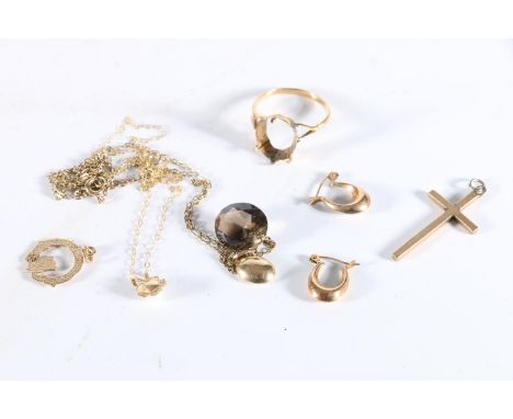 9ct gold crucifix pendant, pair of 9ct gold earrings, 9ct gold ring with loose stone, 9ct gold claggagh pendant and two fine 