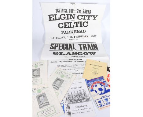 Elgin City football interest, a 1967 poster advertising Elgin City vs Celtic Scottish Cup 2nd round, two autographed programm