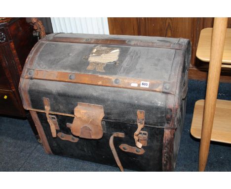 Wood bound canvas and leather trunk, 68cm wide. 