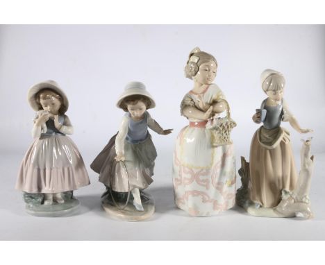 Four Nao by Lladro of Spain porcelain figurines to include girl with hoop, girl with basket of flowers, girl with bouquet of 