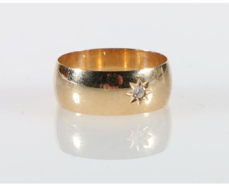 9ct gold wedding band ring set with small white stone (does not test as diamond), makers mark 'S&amp;W' for Slade &amp; Woolf