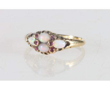 Victorian gold opal and ruby set res ring, size N, 2.2g. 