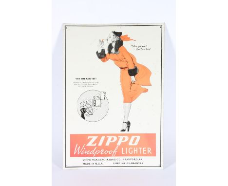 Printed metal advertising sign for Zippo Windproof Lighter, 40cm x 28cm.&nbsp; 