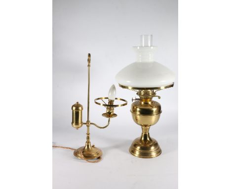 Brass oil lamp with white glass shade and another. (2) 