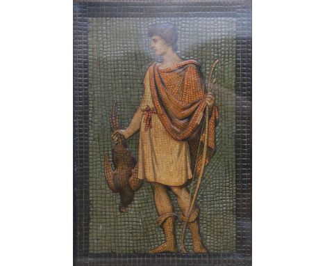 Early 20th century relief leather? plastic? panel depicting a Roman archer with game, 37cm x 24cm, frame size 45cm x 33cm, Al