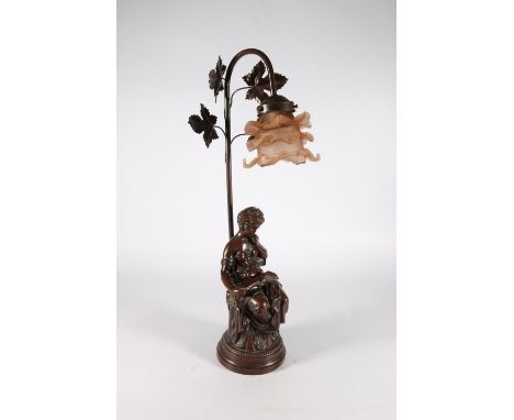 Cast metal and composite figural table lamp with pink glass shade, 56cm tall. 