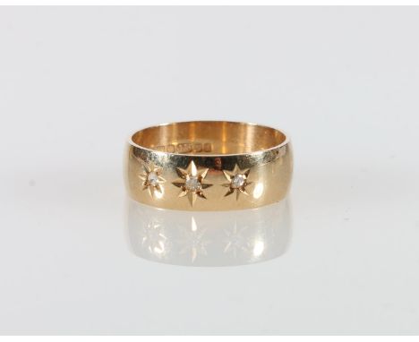 9ct gold wedding band ring set with three small (less than 0.1ct) round cut diamond, makers mark 'S&amp;W' for Slade &amp; Wo