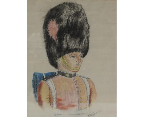 TED WING, Ginger - a portrait of an officer wearing bearskin, pastel drawing, signed and dated '45 lower right, 33cm x 26cm.&