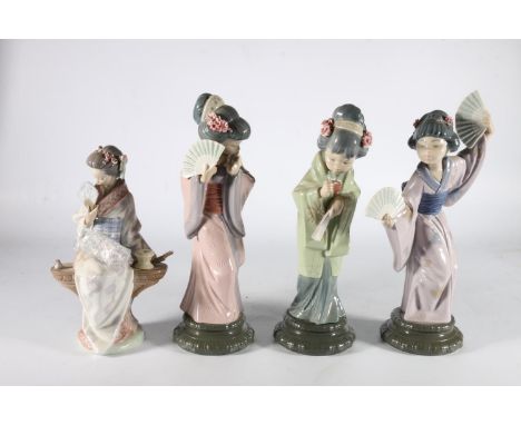 Four Lladro Spanish porcelain figurines modelled as Geisha with fans. (4) 