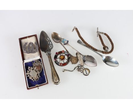 Victorian white metal mounted braided hair mourning watch chain, a silver 'Baby' brooch, a silver double horseshoe brooch, a 