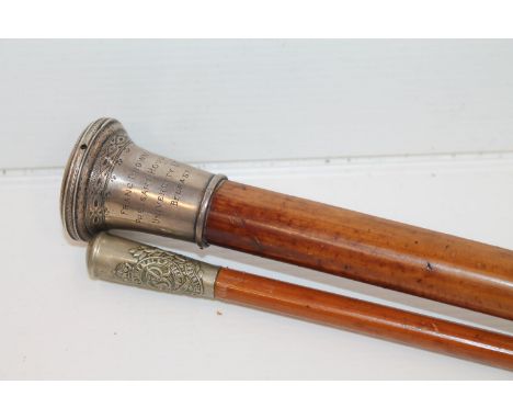 20th century Malacca cane walking stick, the top with white metal mount inscribed 'Franc Brown Pheasant House University St B