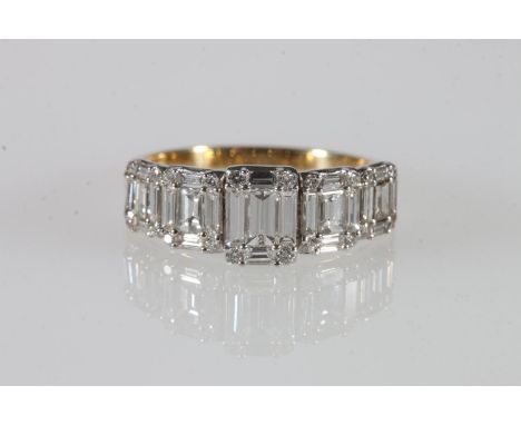 18K gold baguette cut diamond set ring, size Q,  4.3g.  Diamond carat, colour and clarity not known.  No missing stones.