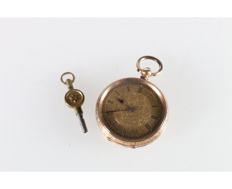 14K yellow gold open-face lady's pocket watch, with Roman numeral chapter ring, 34.8g. Case is approx. 35mm diameter.