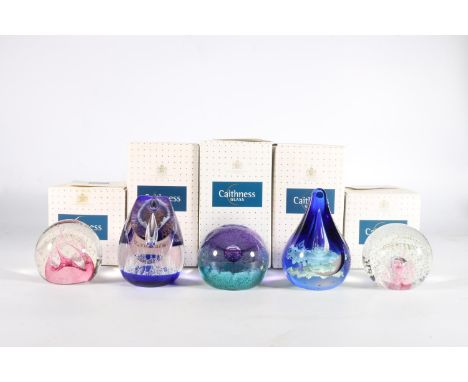Five boxed Caithness Glass art glass paperweights to include A Drop in the Ocean, Pink Champagne designed by Colin Terris, Re