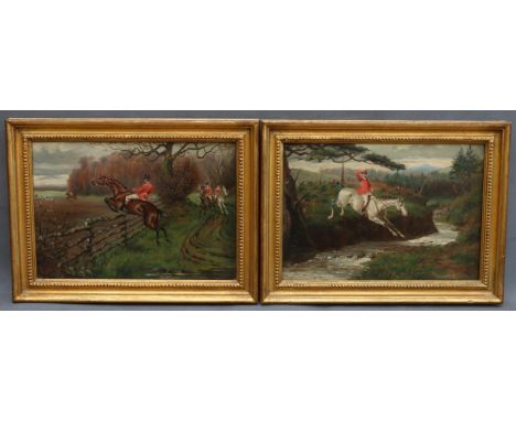 A CHAVELL, fox hunting scenes, two oil on boards, 17cm x 25cm, frame size 23cm x 31cm, label verso 'The Parker Gallery London