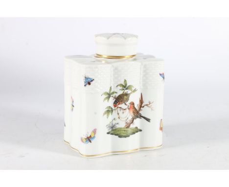 Herend of Hungary porcelain tea caddy decorated with birds and insects, blue backstamp, 14cm tall.  